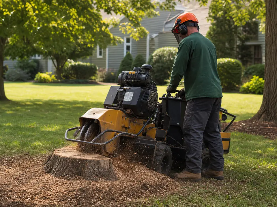 A stump grinder removing a tree stump in a residential yard