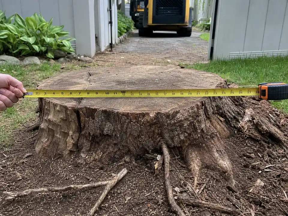 A tape measure stretched across the widest point of a tree stump